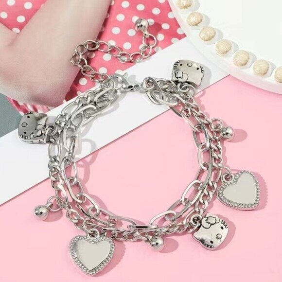 Hello Kitty Silver Layered Hearts Charm Bracelet – Elegant & Adjustable - Picture 1 of 7